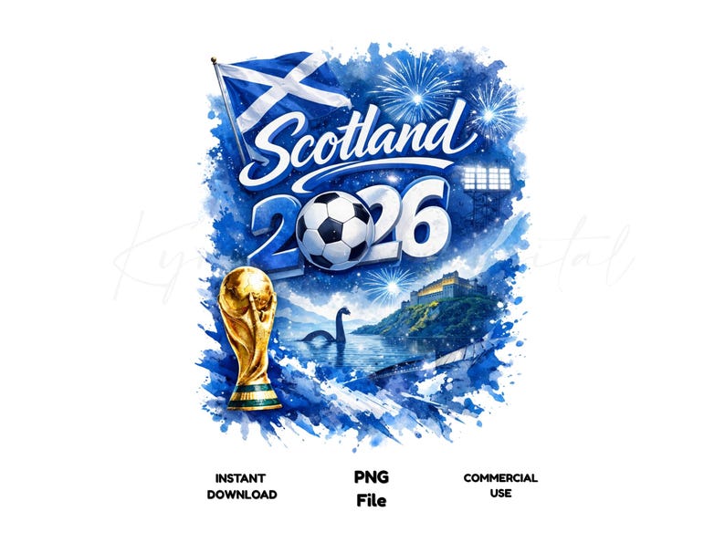 May include: A digital illustration with a Scottish theme, featuring the flag, the word "Scotland", and the year "2026" with a football. The image includes a gold trophy, fireworks, and the Loch Ness Monster.