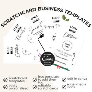 Puede incluir: Un gráfico blanco con el texto "SCRATCHCARD BUSINESS TEMPLATES" y varios diseños de tarjetas rasca y gana. Los diseños incluyen texto como "LOGO HERE", "Thank u" y "Christmas". La imagen también incluye el texto "EDITABLE IN Canva".