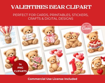 Valentines Bear Clipart Bundle | Cute Valentine Bears PNG | Commercial Use | Valentine Clip Art for Cards, Stickers & Printables