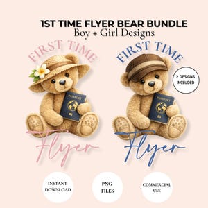 Könnte beinhalten: Digitale Illustration von zwei Teddybären, die jeweils einen Reisepass halten. Einer trägt einen Strohhut mit Blume, der andere eine Kappe. Text enthält "1ST TIME FLYER BEAR BUNDLE" und "Boy + Girl Designs".