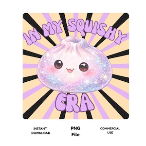 Könnte beinhalten: Digitale Illustration eines Kawaii-Knödels mit einem funkelnden, schillernden Effekt. Der Text "IN MY SQUISHY ERA" befindet sich in einer Blasen-Schriftart über dem Knödel. Der Hintergrund hat ein radiales Design mit abwechselnd schwarzen und hellvioletten Streifen.