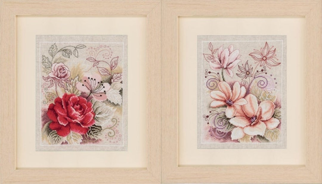Set of 2 Printable PDF Cross Stitch Pattern Chart Embroidery Flowers