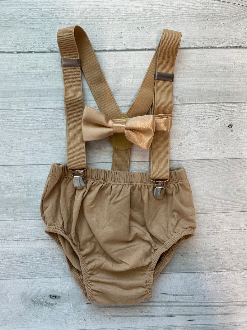 Nude theme Smash Cake Outfit Boy First Birthday super soft tan cotton Diaper Cover,tan Suspenders and tan bow tie 1st Birthday 