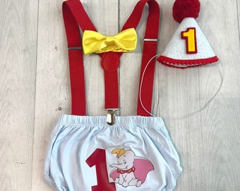 Dumbo Cake smash inspired, powder diaper cover, red suspender, yellow bowtie and birthday hat, first birthday.