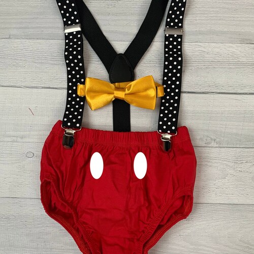 Mickey Mouse Smash Cake diaper cover Boy First Birthday , bow tie yellow Diaper Cover Suspenders 1st Birthday Photoshoot