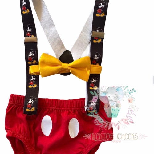 Mickey Mouse Smash Cake diaper cover Boy First Birthday , bow tie yellow Diaper Cover Mickey printed Suspenders 1st Birthday Photoshoot