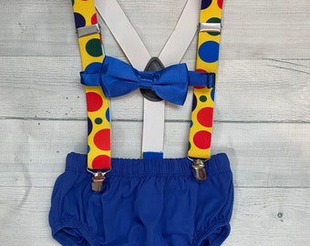 Circus theme cake smash,Royal blue Outfit Boy First Birthday soft diaper cover and bow tie royal blue,  yellow/colored polka dot