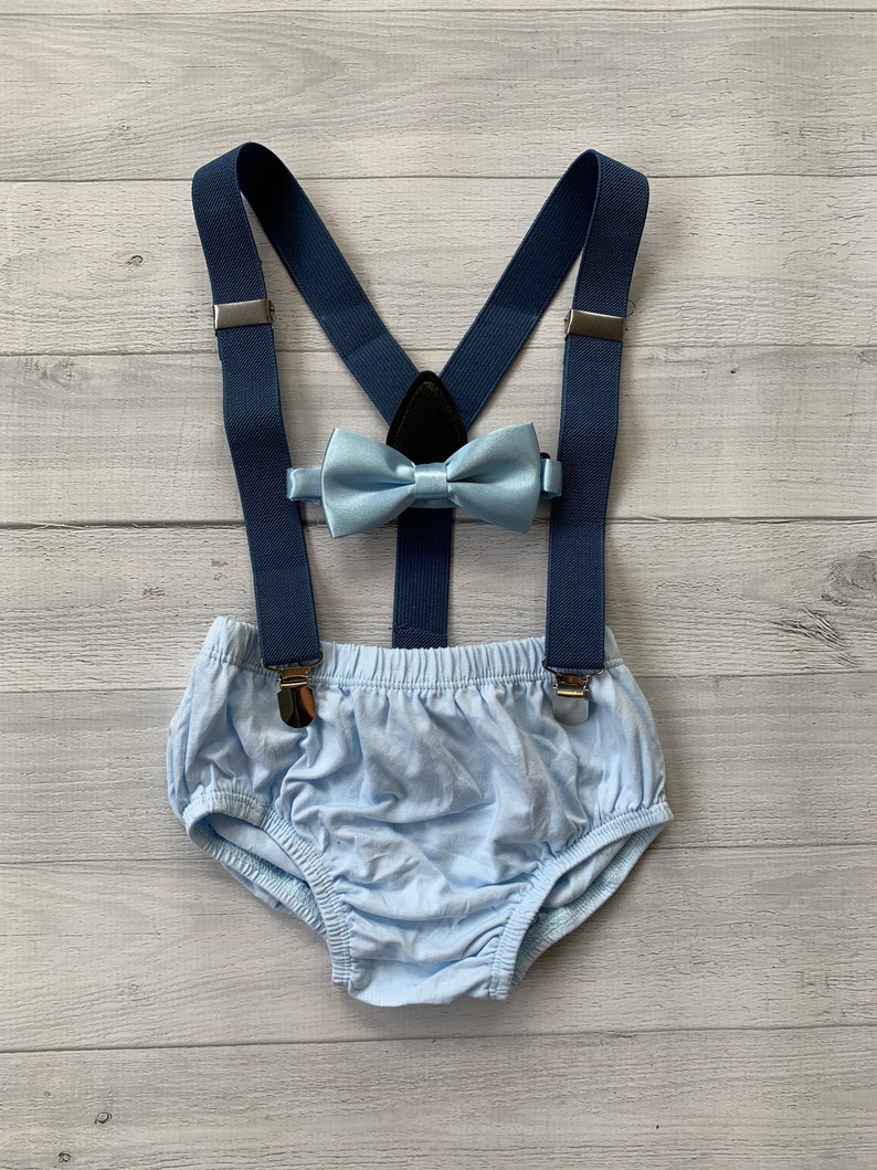 heather navy Suspenders. Powder Blue Smash Cake Outfit Boy First Birthday super soft powder blue cotton Diaper Cover and bow tie