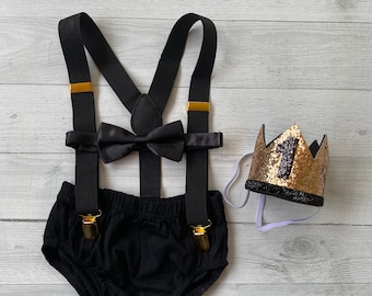 Cake Smash Boy Outfit, Birthday Boy, Black Diaper Cover, Bowtie, Suspender, First Birthday Boy, Boys 1st Birthday