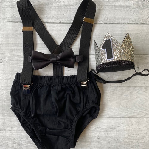 Cake Smash Boy First Birthday super soft black cotton Diaper Cover,black Suspenders,black bow tie, Birthday Photoshoot
