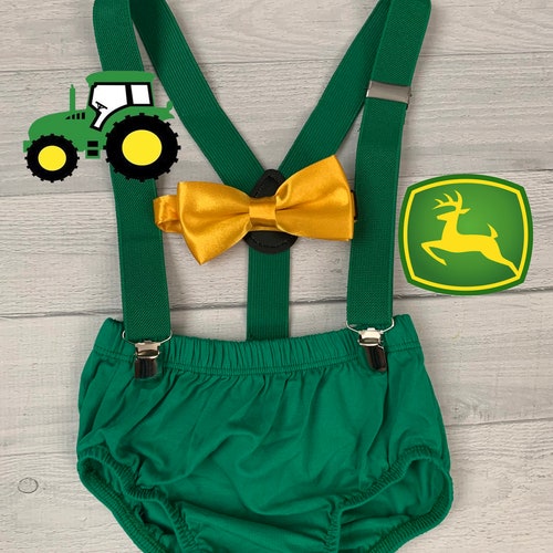 Jhon Deer inspirated  Smash Cake Outfit Boy First Birthday super soft green cotton Diaper Cover and Suspenders , yellow bow tie 1st Birthday