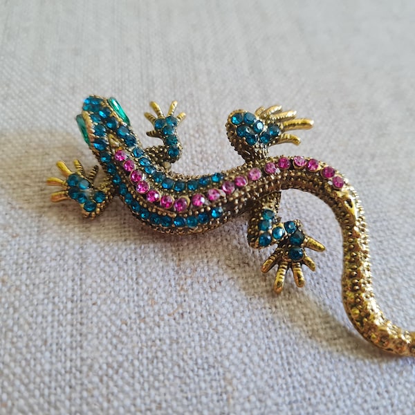 Broche pendentif strass lézard salamandre années 90