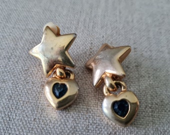 1 Pair of Earclips Gold Blue Star Heart Vintage 80s