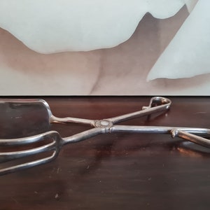 Puede incluir: Pinzas de servir plateadas con un diseño decorativo en el mango. Las pinzas tienen una cabeza plana rectangular y una cabeza en forma de tenedor.