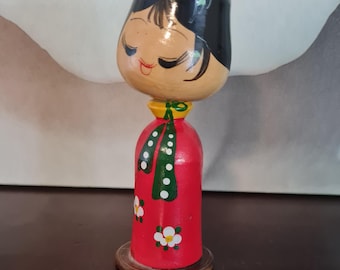 Kokeshi Woman Bobblehead Japan Wood 1970s