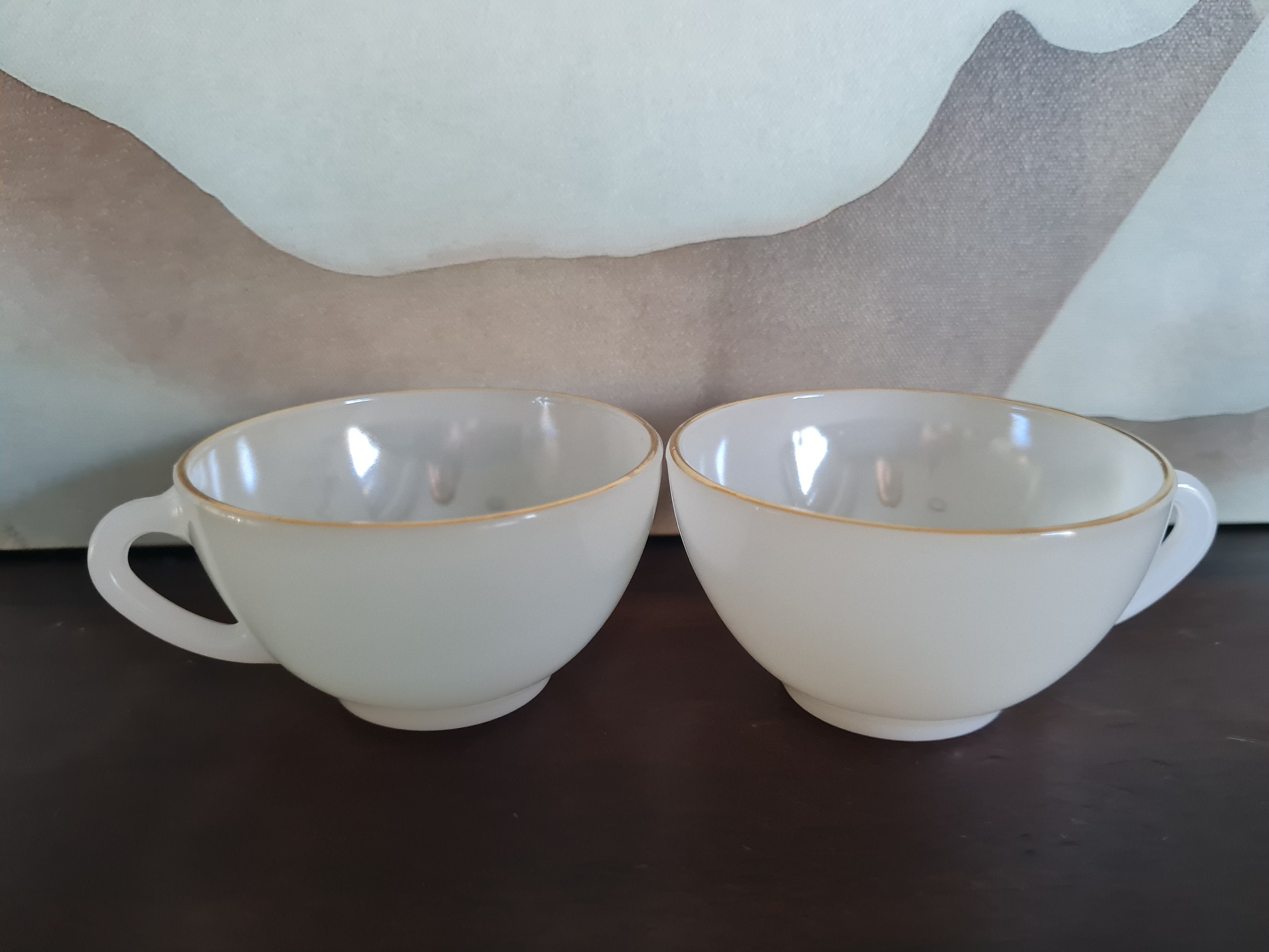 Service à Café Arcopal Modèle Arlequin - 6 Tasses + Sous-tasses Opaline Blanche - Vintage