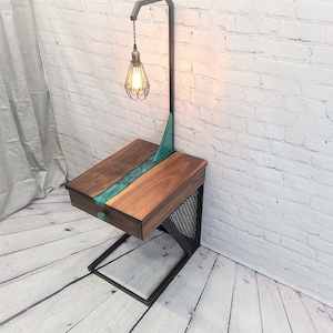River Side Table with Edison Lamp: Black Walnut & Turquoise Resin