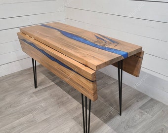 Live Edge River Table, Epoxy Table, Drop Leaf Table, Double Drop Leaf River Desk with Hairpin Metal legs