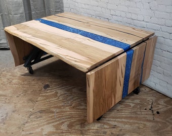 Double Drop Leaf Epoxy River Dining Table with Metal Legs on Caster Wheels