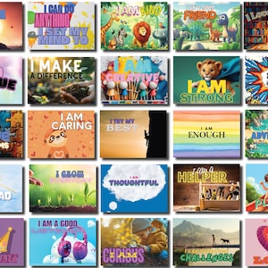 Peut inclure: Un ensemble de 20 cartes d'affirmation colorées avec des messages positifs pour les enfants. Chaque carte présente une illustration différente et un message tel que "Je suis courageux", "Je suis gentil", "Je suis fort", "Je suis créatif", "Je suis un bon ami", "Je peux résoudre des problèmes", "Je suis assez bien", "Je suis aventureux", "Je suis réfléchi", "Je suis un aide", "Je suis curieux", "Je peux surmonter les défis", "Je suis aimé", "Je suis important", "Je propage la joie", "Je grandis chaque jour", "Je suis un bon auditeur", "Je fais une différence", "Je crois en moi", et "J'aime apprendre".