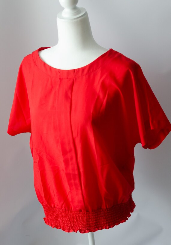 Vintage 1980s Silky Feel Red Short Sleeved Blouse,