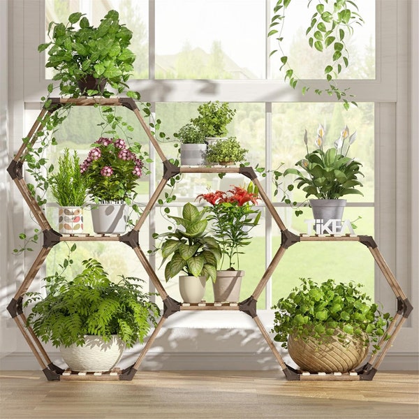 Plant Stand Indoor Outdoor Hexagonal Plant Stand for Multiple Plants Indoor Large Wooden Plant Shelf 7 Tiered Creative DIY Flowers Stand