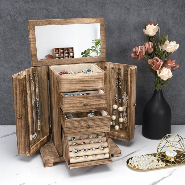 Jewelry Box for Women, Rustic Wooden Jewelry Boxes ,Organizers with Mirror, 4 Layer Jewelry Organizer Box Display for Rings (Rustic Brown)
