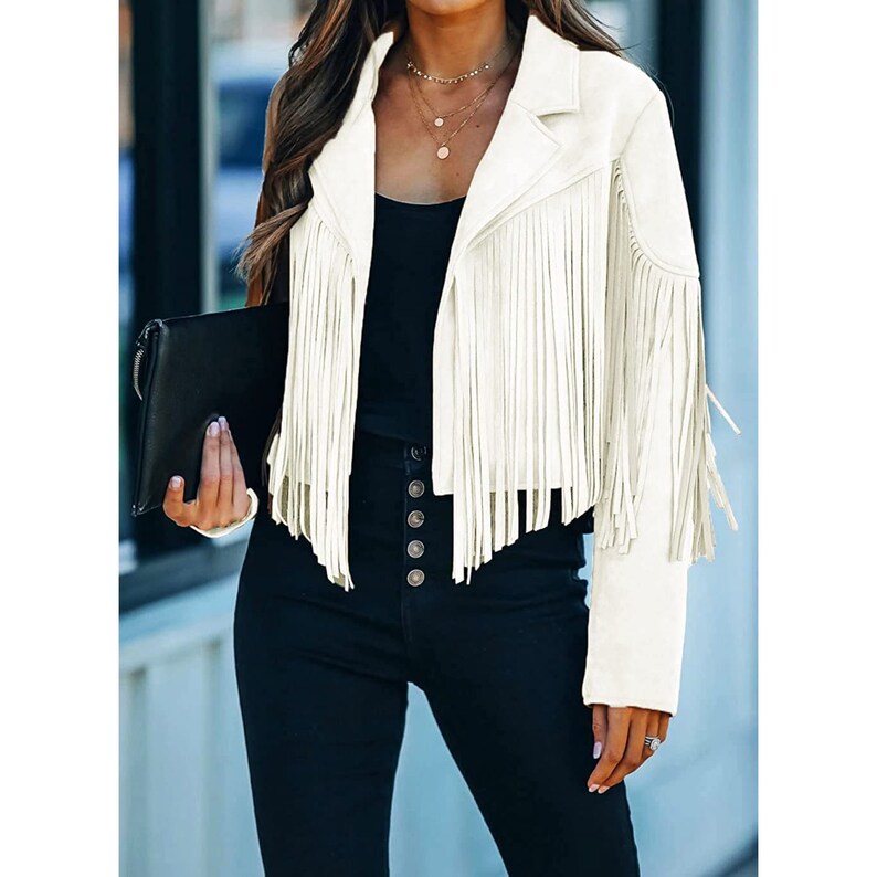 White Fringe Leather Jacket, Bachelorette Party Wear Jacket, Cowgirl