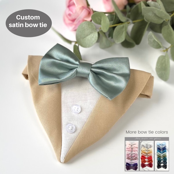 Tan Dog Tuxedo: Custom Satin Bow Tie, Wedding Ring Bearer Attire