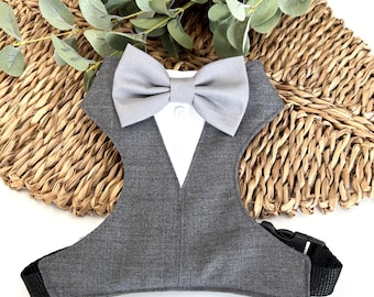 Gray Dog Tuxedo Harness with Custom Bow Tie: Wedding Outfit