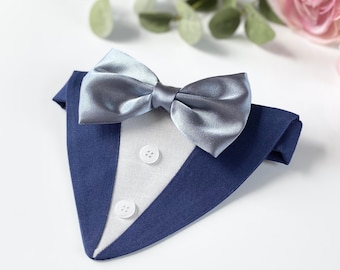 Dusty Blue Satin Bow Tie Dog Tuxedo Bandana: Wedding Attire