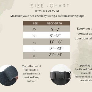 May include: A pet collar size chart with a table listing neck girth measurements from 5 to 24 inches for sizes XS through XL. The graphic includes text instructions for measuring, a hook and loop fastener detail, and a plastic buckle with a D-ring.