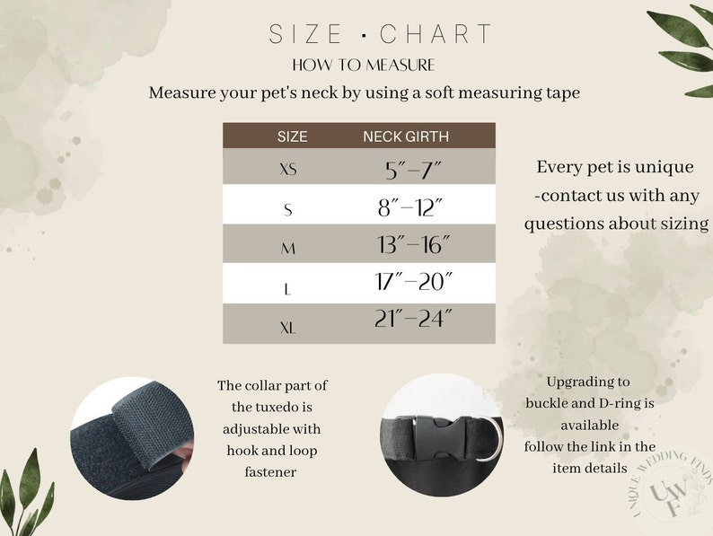 May include: A pet collar size chart with a table listing neck girth measurements from 5 to 24 inches for sizes XS through XL. The graphic includes text instructions for measuring, a hook and loop fastener detail, and a plastic buckle with a D-ring.