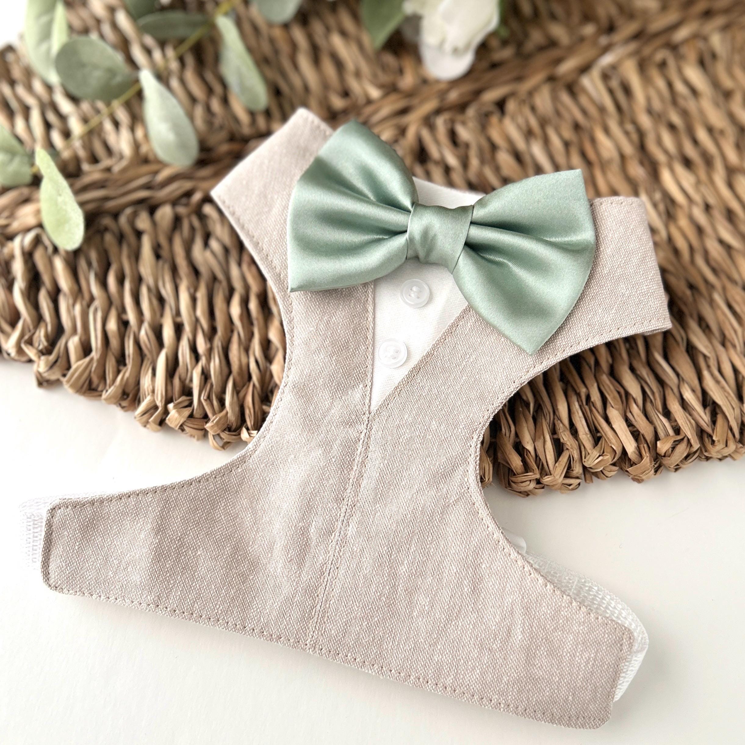 Linen Dog Tuxedo Harness with Satin Bow Tie: Custom Wedding Attire