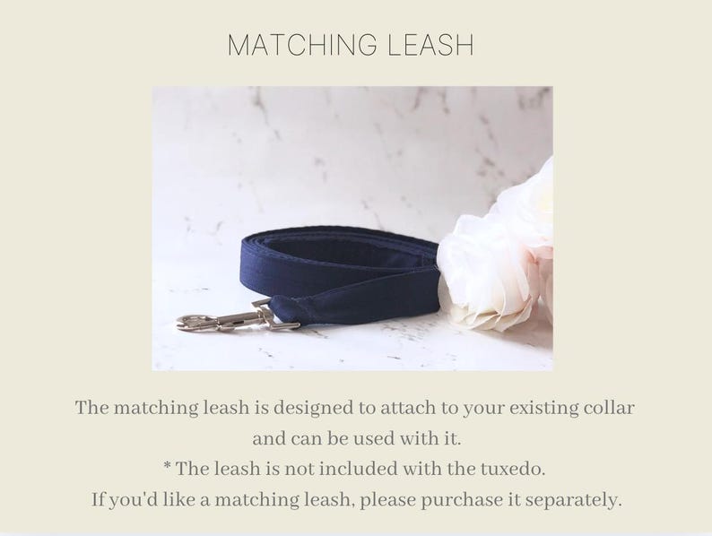 May include: A navy blue fabric dog leash coiled on a surface, featuring a silver-toned metal swivel snap hook at one end. The text MATCHING LEASH is displayed above the leash, with additional text below explaining the item is sold separately.