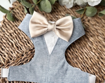 Blue Linen Dog Tuxedo Harness: Satin Bow Tie, Wedding Attire