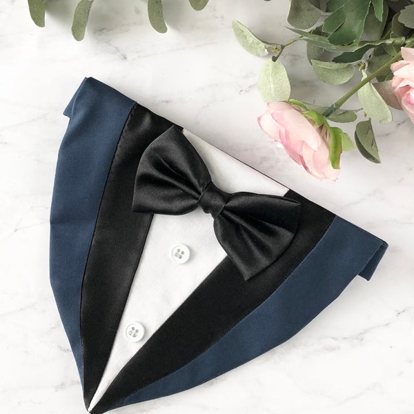 Navy dog tuxedo with black satin lapel, Dog wedding tuxedo,Dog wedding attire, Dog ring bearer