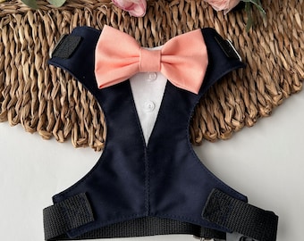 Dog tuxedo harness with custom bow tie, Custom dog tuxedo harness, Dog wedding attire, Dog wedding leash