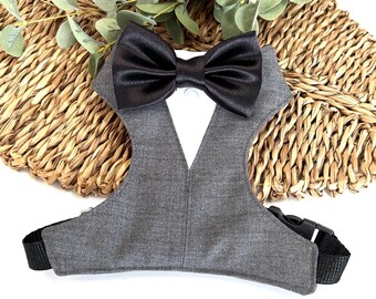 Gray Dog Tuxedo Harness: Custom Wedding Attire with Satin Bow Tie