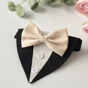 May include: A pet bandana designed to resemble a tuxedo, featuring a black fabric base with a central white triangular panel. Two white buttons are attached to the white panel, and a beige bow tie is secured at the top of the bandana.