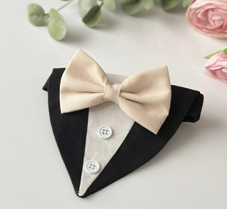 May include: A pet bandana designed to resemble a tuxedo, featuring a black fabric base with a central white triangular panel. Two white buttons are attached to the white panel, and a beige bow tie is secured at the top of the bandana.