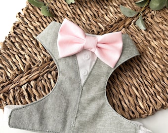 Sage Linen Dog Tuxedo Harness with Custom Bow Tie: Wedding Attire