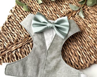 Sage Linen Dog Tuxedo Harness: Satin Bow Tie, Wedding Attire