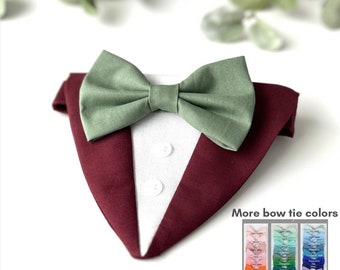 Custom bow tie with burgundy dog tuxedo, Burgundy dog tuxedo, Custom dog bow tie, Dog wedding attire,Dog ring bearer.