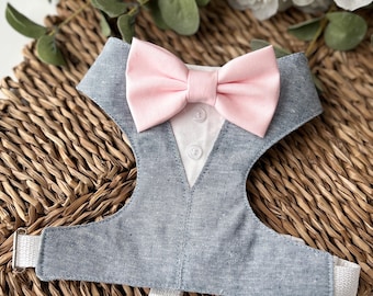 Blue Linen Dog Tuxedo Harness with Bow Tie: Wedding Attire