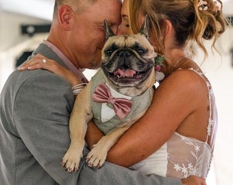 Sage Linen Dog Tuxedo Harness: Custom Wedding Attire with Satin Bow Tie