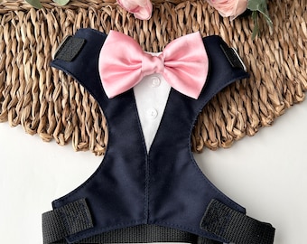 Dog tuxedo harness with satin bow tie, Custom dog tuxedo harness, Dog wedding attire, Dog wedding leash