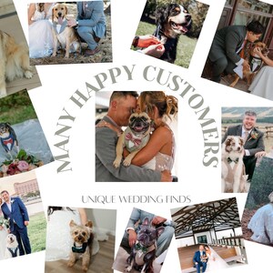 May include: A collage of photographs featuring various dogs wearing formal wedding attire, including bow ties, collars, and tuxedo-style accessories. The text "MANY HAPPY CUSTOMERS" and "UNIQUE WEDDING FINDS" is overlaid in the center of the image.