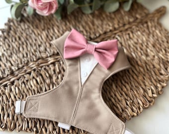 Tan Dog Tuxedo Harness with Bow Tie, Dog Wedding Attire