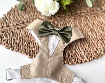 Tan dog tuxedo harness with satin bow tie, Custom dog tuxedo harness, Dog wedding attire, Dog wedding leash